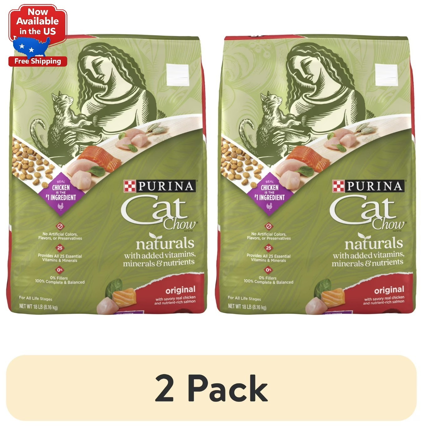 (2 pack) Purina Cat Chow Naturals, Dry Cat Food, Chicken & Salmon, 18 lb Bag