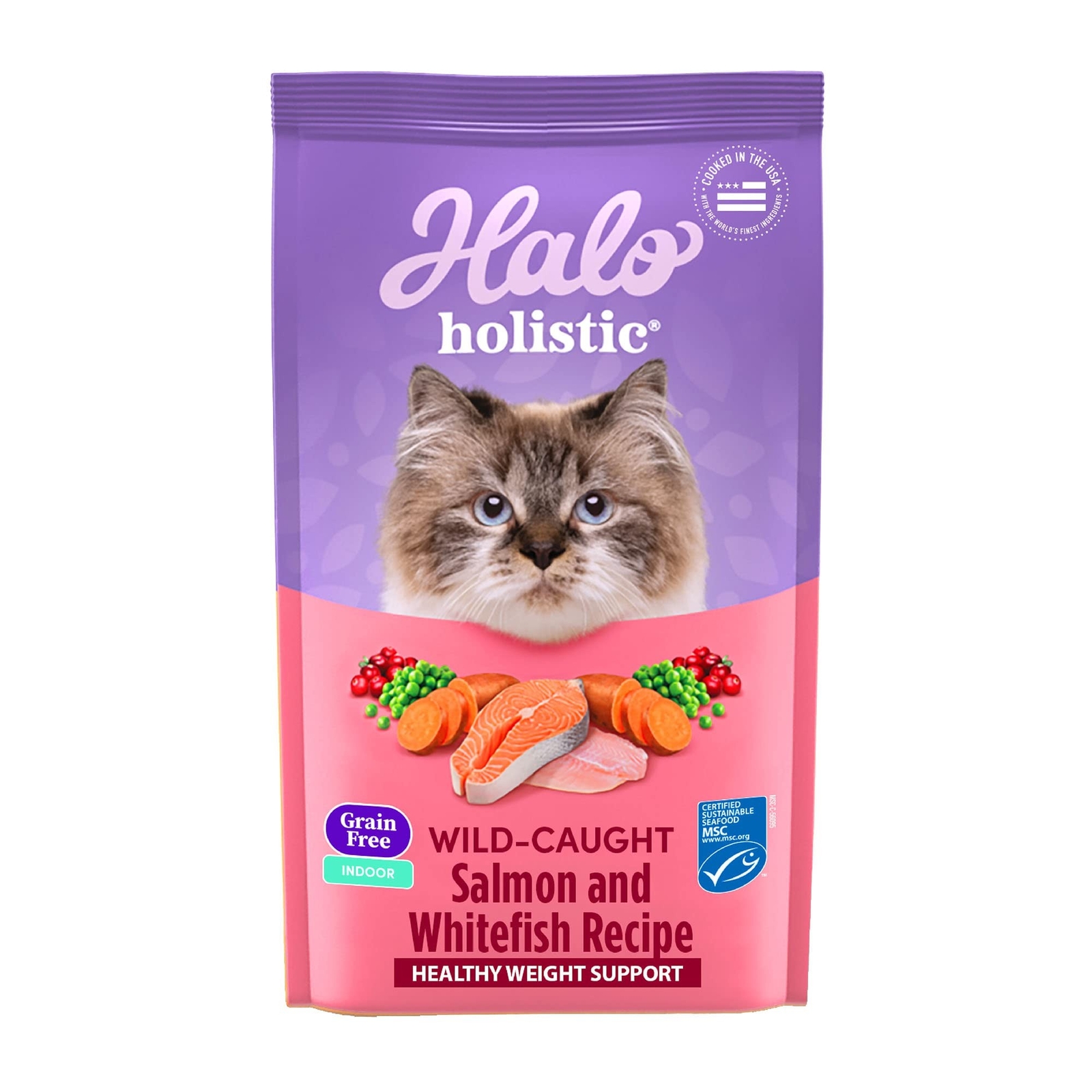 Halo Holistic Indoor Cat Food Dry, Grain Free Wild-caught Salmon Whitefish Re…