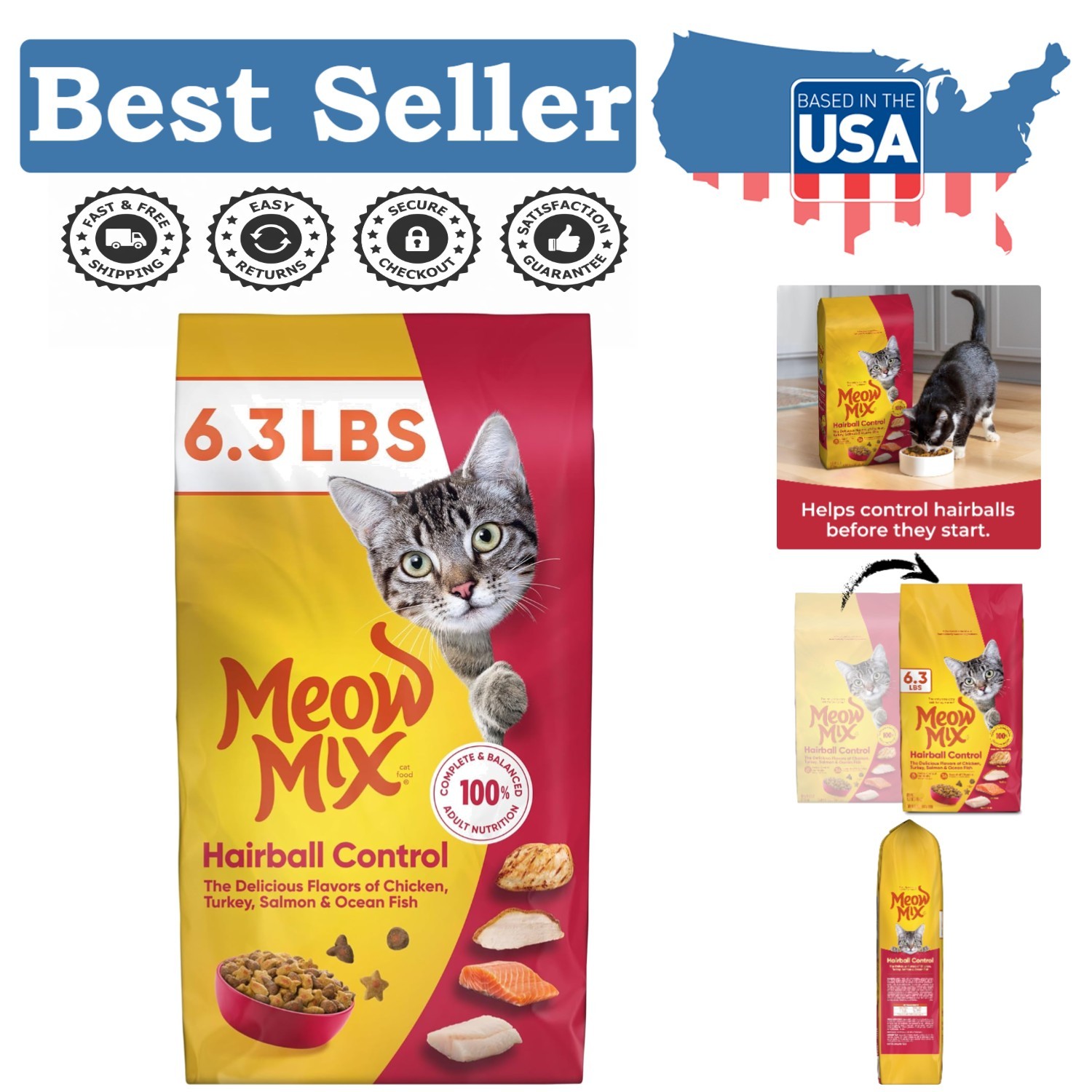 6.3 lb Hairball Control Cat Food with Chicken, Turkey & Fish – All Life Stages