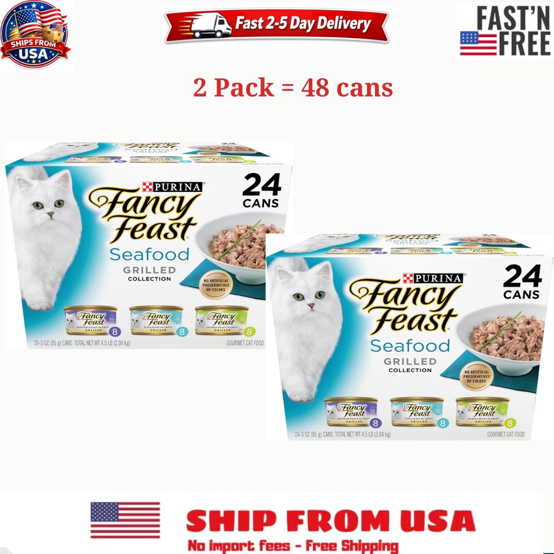 Purina Fancy Feast Grilled Seafood Gourmet Wet Cat Food Variety Pack 3oz 48 Cans