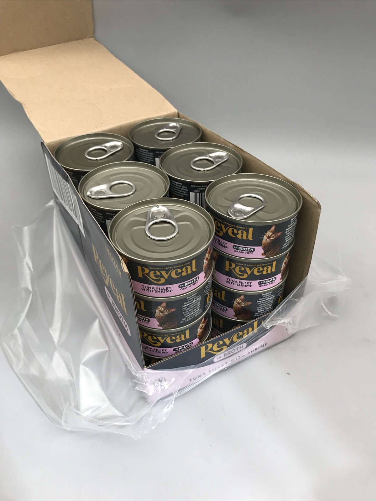 24 Cans Reveal Tuna Fillet With Shrimp In Broth Wet Cat Food 2.47Oz Exp 2028