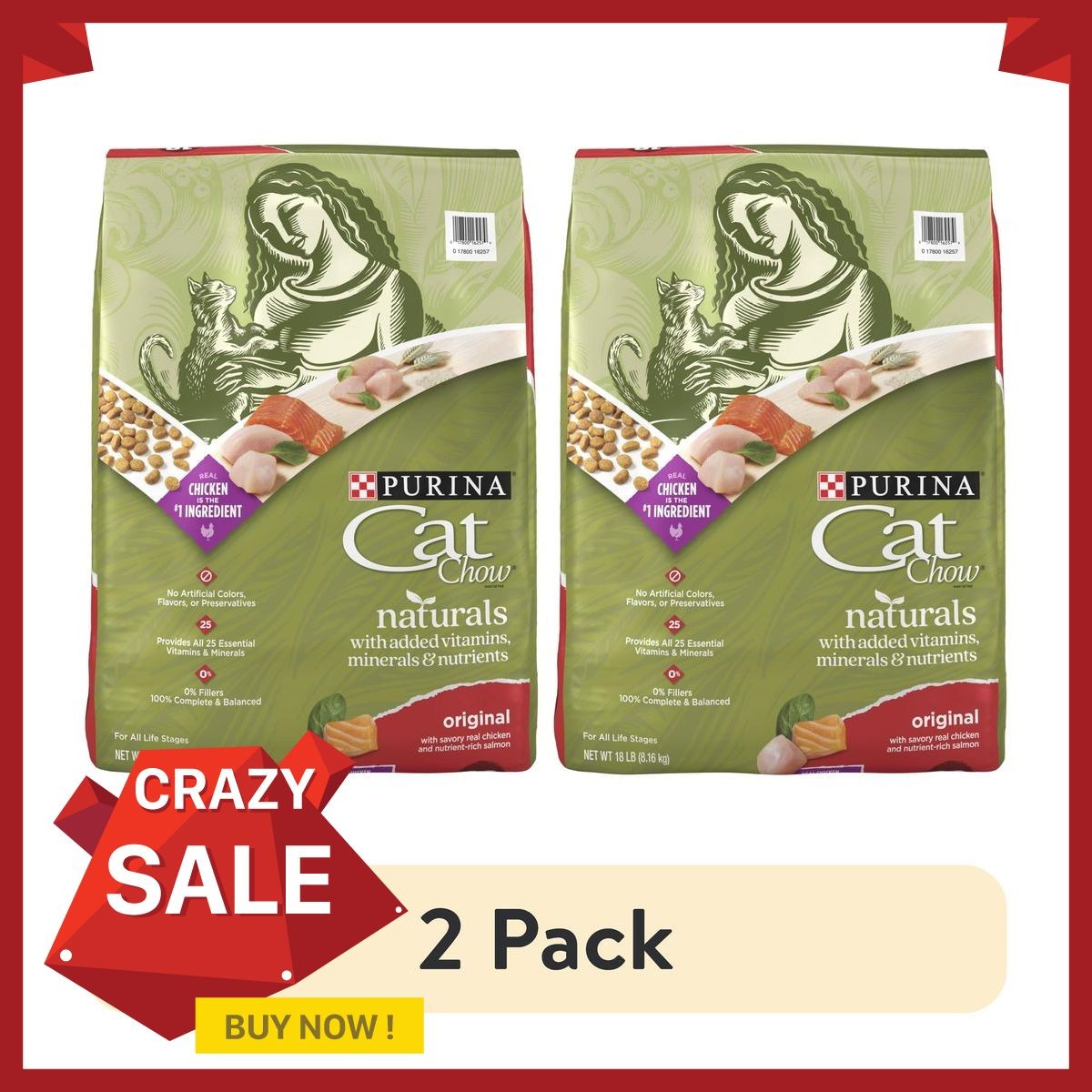 (2 pack) Purina Cat Chow Naturals, Dry Cat Food, Chicken & Salmon, 18 lb Bag