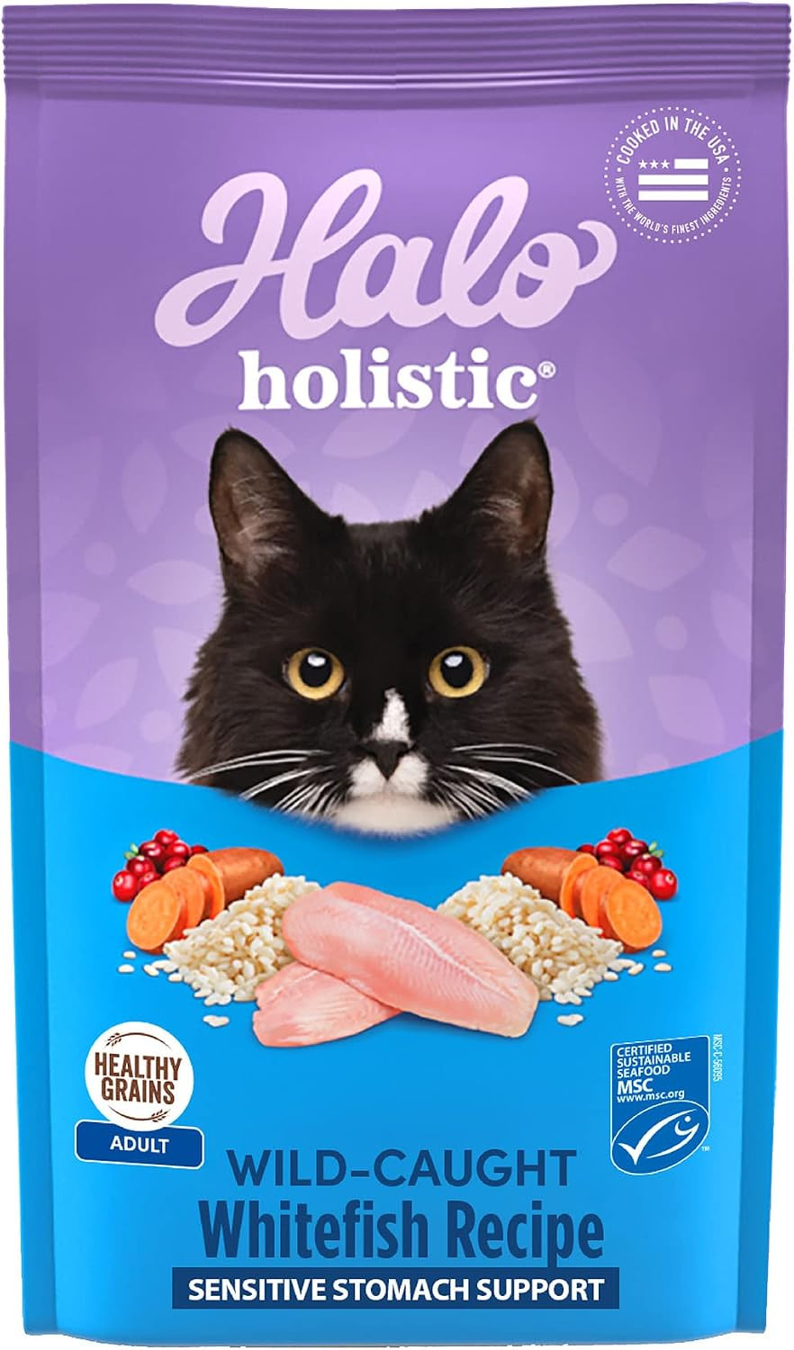 Halo Holistic Dry Cat Food for Sensitive Stomach, Wild-Caught Whitefish Natural