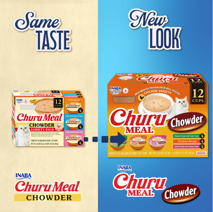 4 PACK INABA Churu Meal Chowder Adult Wet Cat Food, 2.29 oz cup, 12ct, Variety