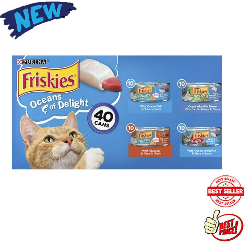 40 Pack Wet Cat Food Chicken Tuna Vitamins Minerals Seafood Flavors 5.5 Oz Cans