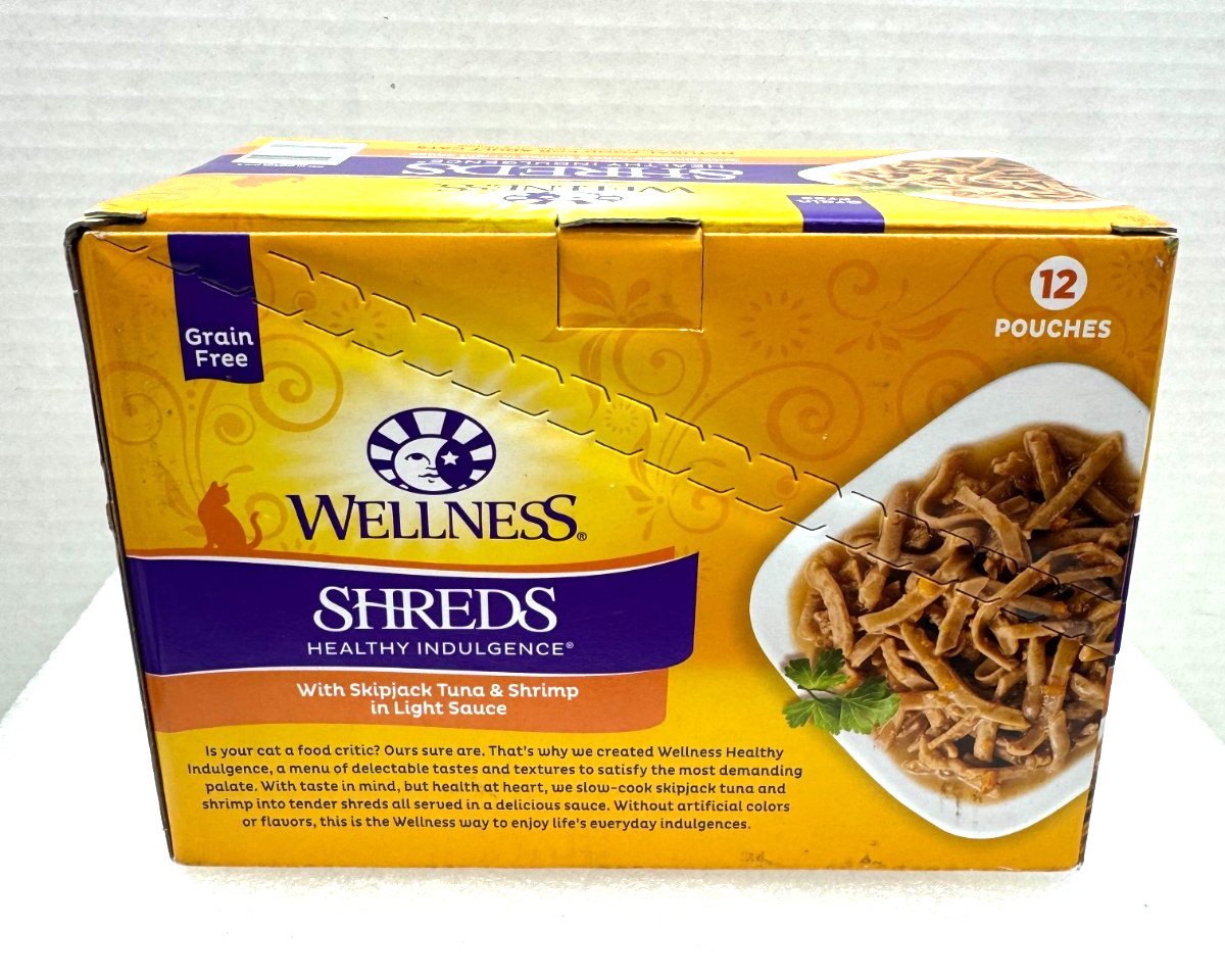 12/3oz Pouch Wellness Health Indulgence SHREDS Tuna & Shrimp Grain Free Cat Food