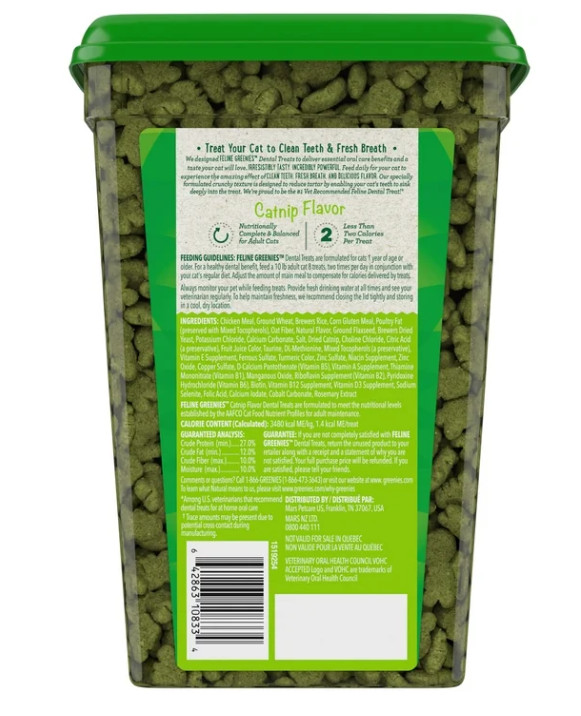 2 Pack Feline Greenies Adult Natural Dental Care Cat Treats, Catnip Flavor, 21Oz