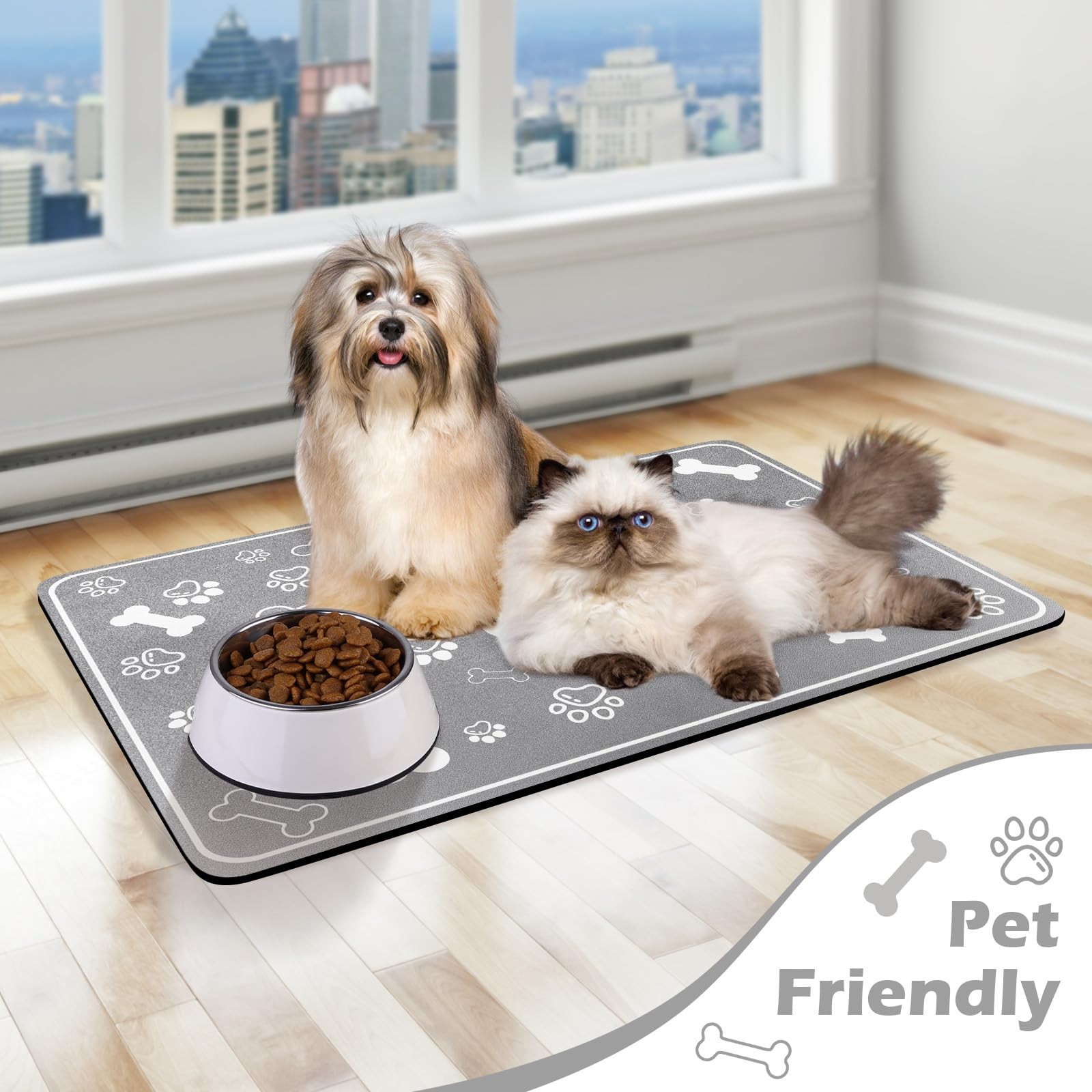 Pet Feeding Mat, Rapid Absorbent for Dog Cat Food & Water Bowl, 17″x29″ Grey