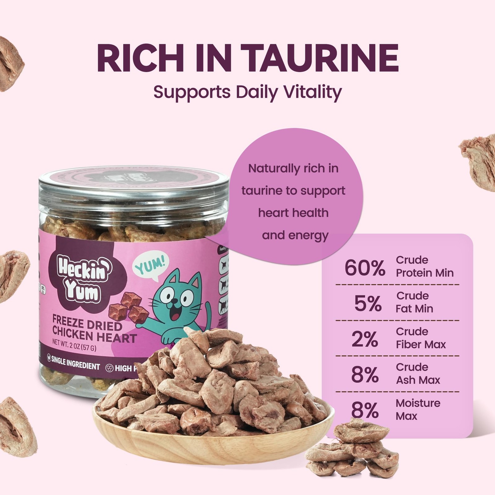 Freeze Dried Chicken Hearts Cat Treats Single Ingredient Food Topper 2 oz
