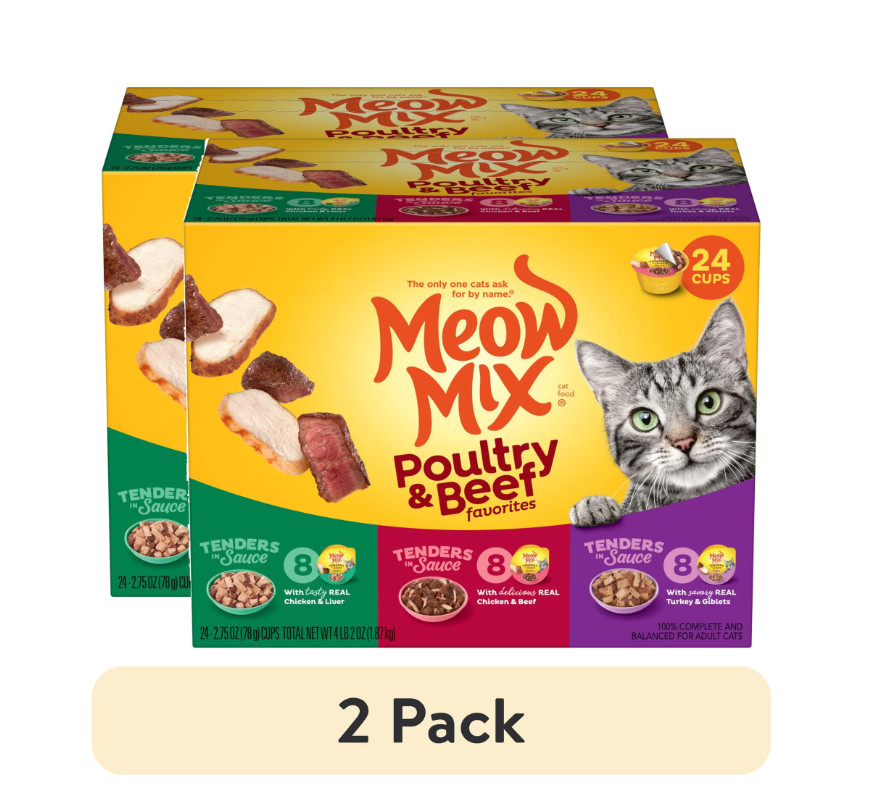 (2 pack) Meow Mix Tenders in Sauce Wet Cat Food Variety Pack, 24 Cups