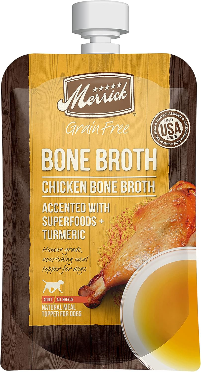 Merrick Grain Free Chicken Bone Broth Natural Dog Cat Food Topper Pouches 7Oz