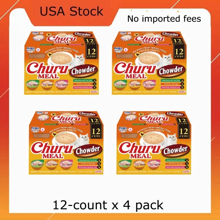 (4 pack) INABA Churu Meal Chowder Adult Wet Cat Food, 2.29 oz cup, 12-count