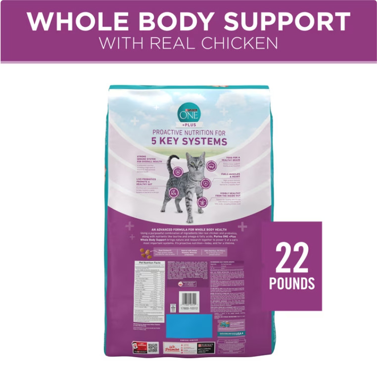 Purina ONE Plus Whole Body Support With Chicken Dry Cat Food, 22 lb Bag