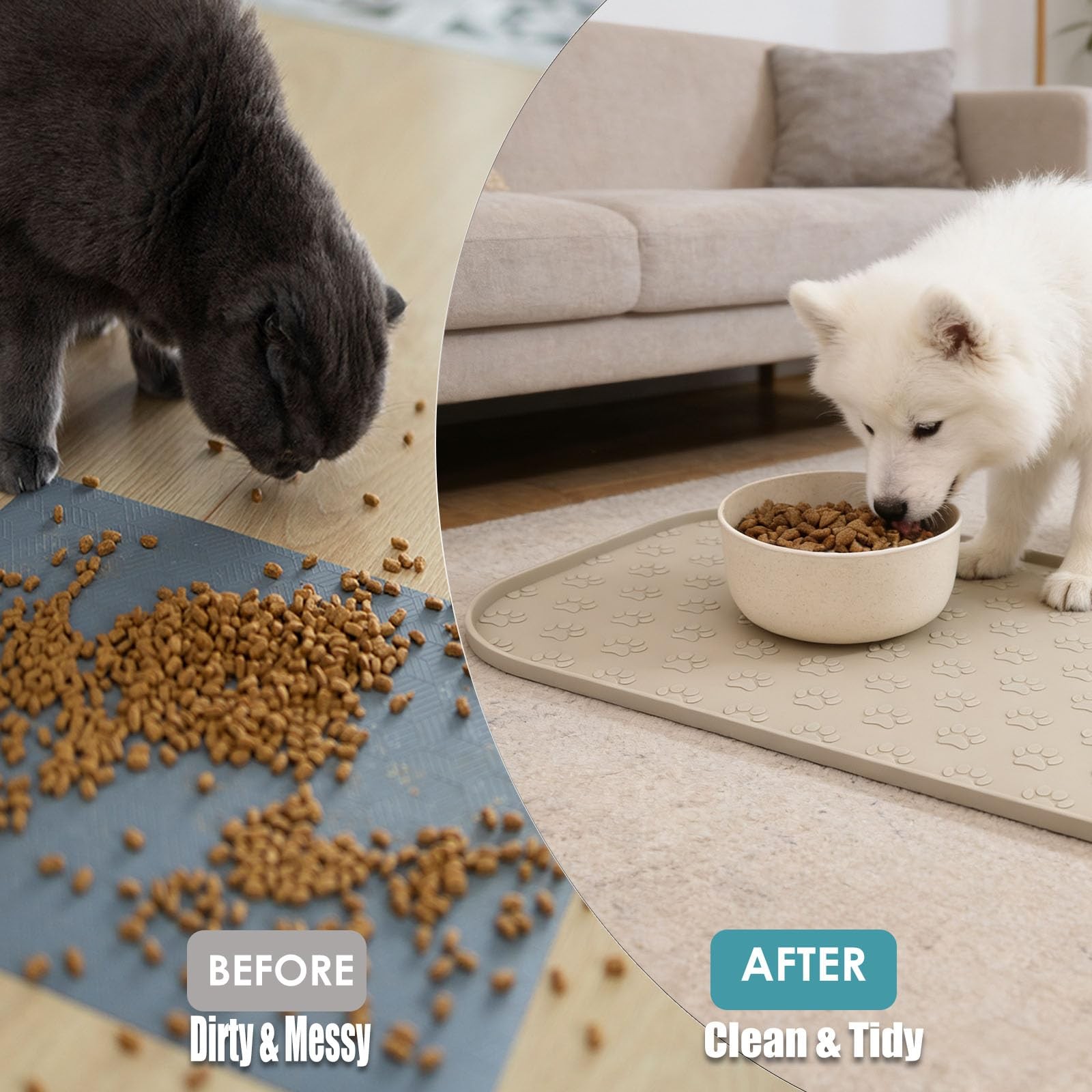 WLDJMP Pet Food Mat with Raised Sides, Silicone, Gray, 44x27cm, Warm Beige