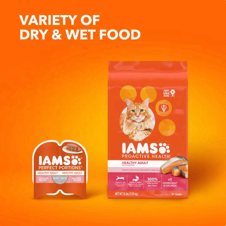 3 Bag Iams Proactive Health Salmon Flavor Dry Cat Food For Adult Cats, 7 Lb Bag