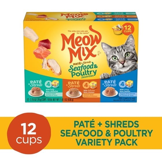 Meow Mix Pate Toppers Seafood & Poultry Variety Pack, Wet Cat Food , 2.75 oz Cup