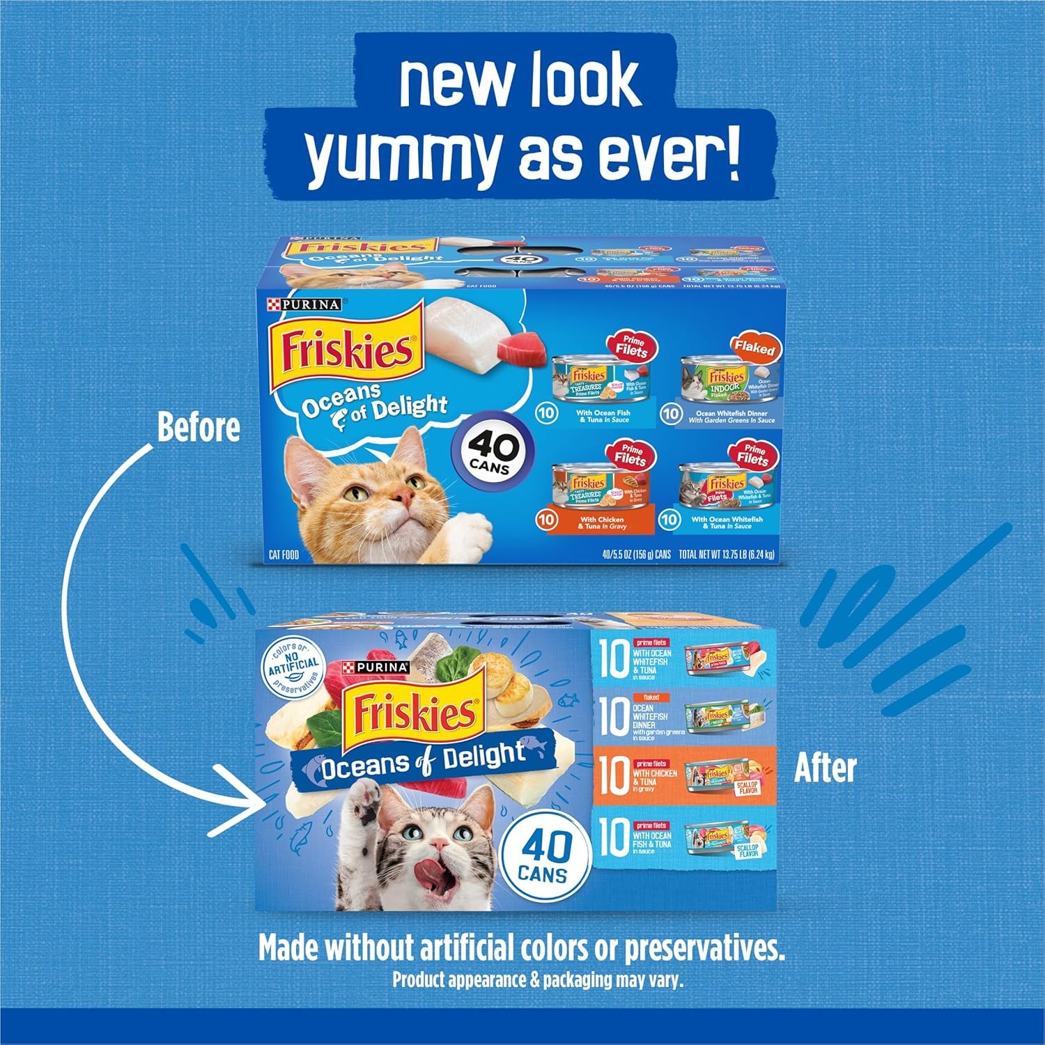 40 Cans Friskies Wet Cat Food Variety Pack Oceans of Delight Flaked 5.5 oz