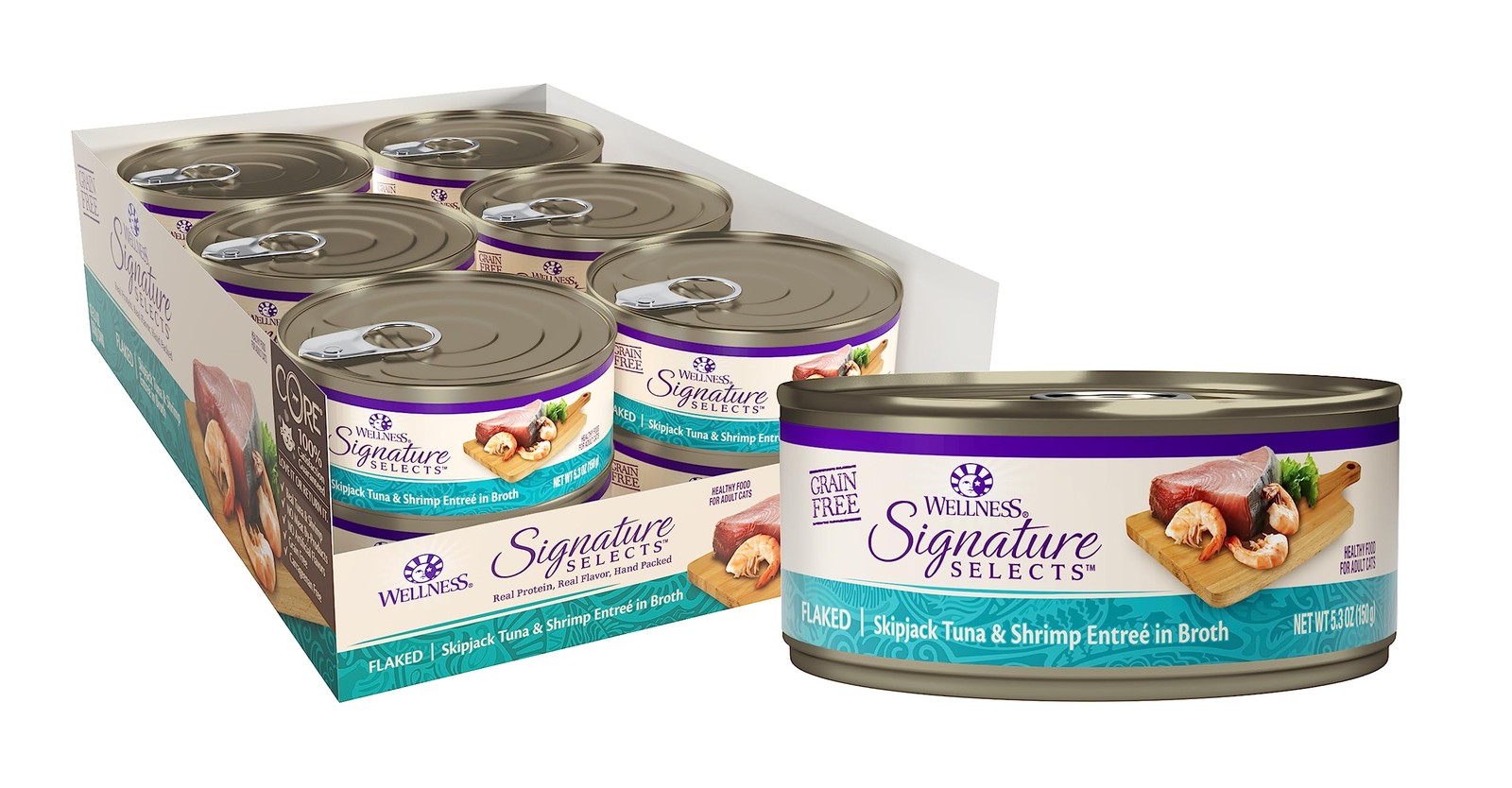 Wellness CORE 5.3 Ounce (Pack of 12), Flaked Skipjack Tuna & Shrimp in Broth