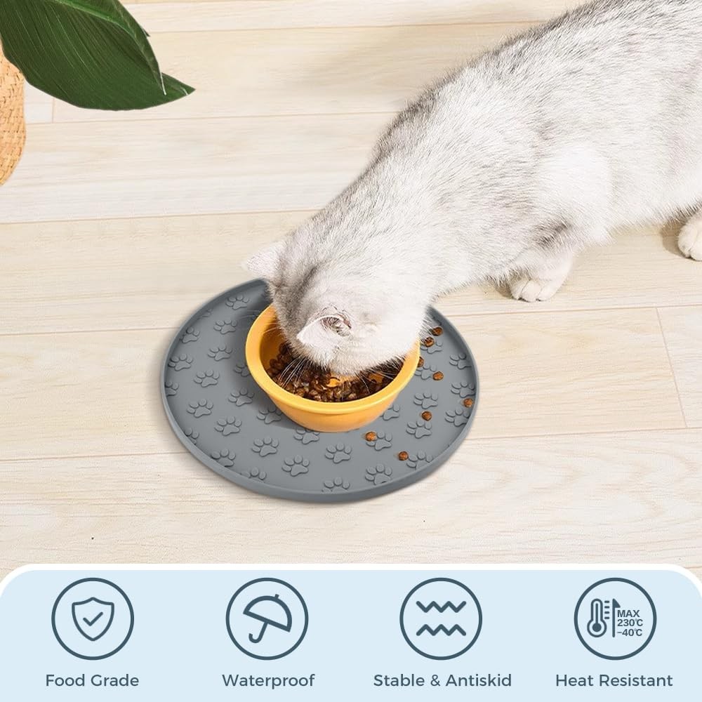 SUNLAND Silicone Pet Food Mat Dog Cat Feeding Bowl Mats Grey 11″ Round, Gray