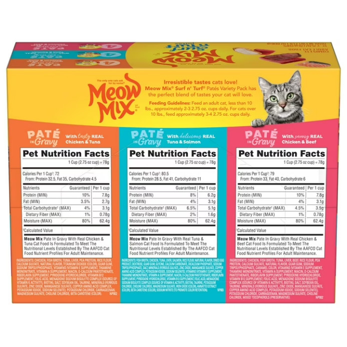 5 PACK Meow Mix Pate in Gravy Surf n’ Turf Pates Variety Wet Cat Food, 2.75 oz