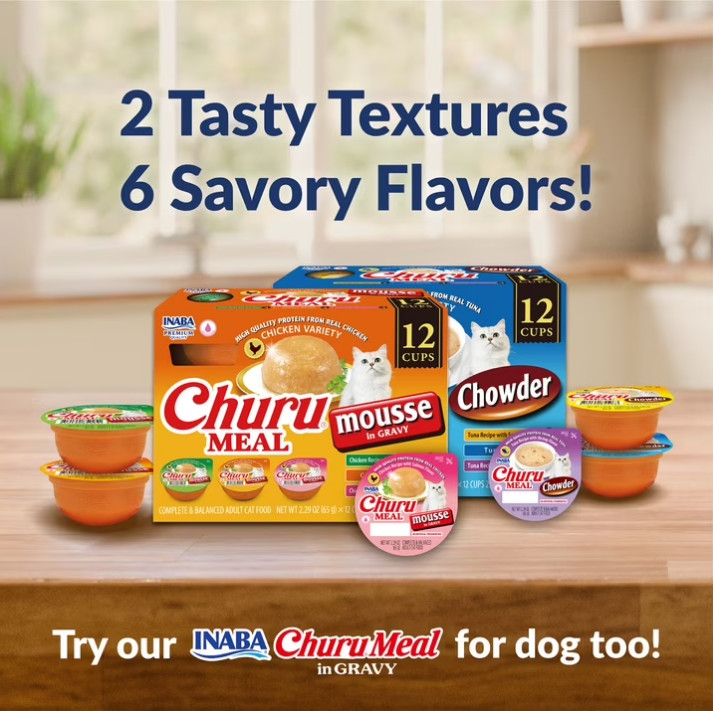 4 PACK INABA Churu Meal Chowder Adult Wet Cat Food, 2.29 oz cup, 12ct, Variety