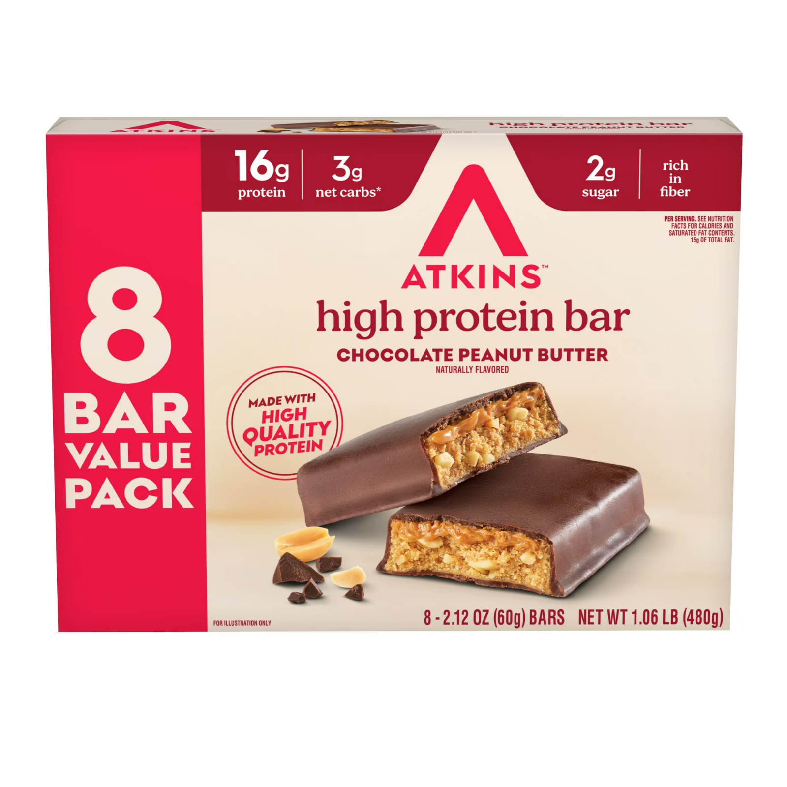3P Atkins Protein-Rich Meal Bar, Chocolate Peanut Butter, Keto Friendly, 8 Ct