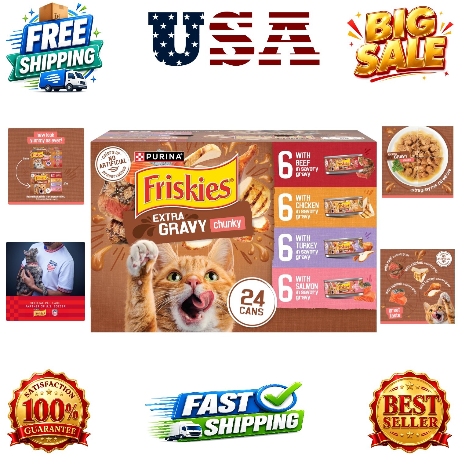 Purina Extra Gravy Wet Cat Food Chunky 24ct Variety Pack With Chicken, Turkey…