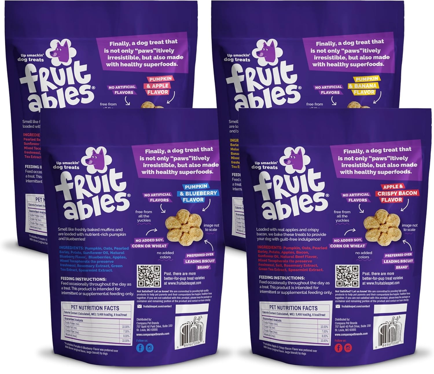 Fruitables Baked Dog Treats Variety Pack of 8 (Pumpkin & Apple, Banana, Blueberr