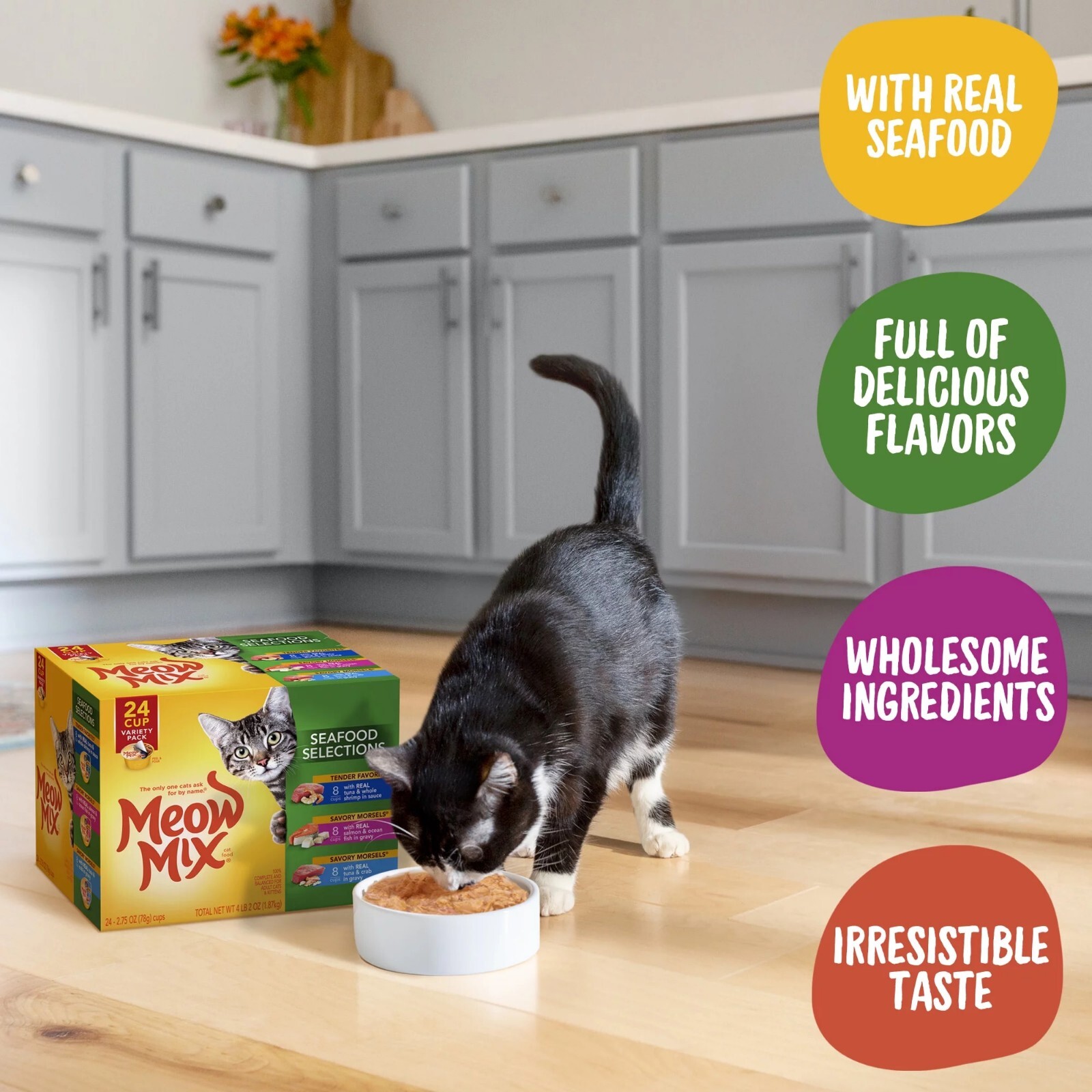 3 PACK x 24 Cups Meow Mix Seafood Selections Variety Pack Wet Cat Food