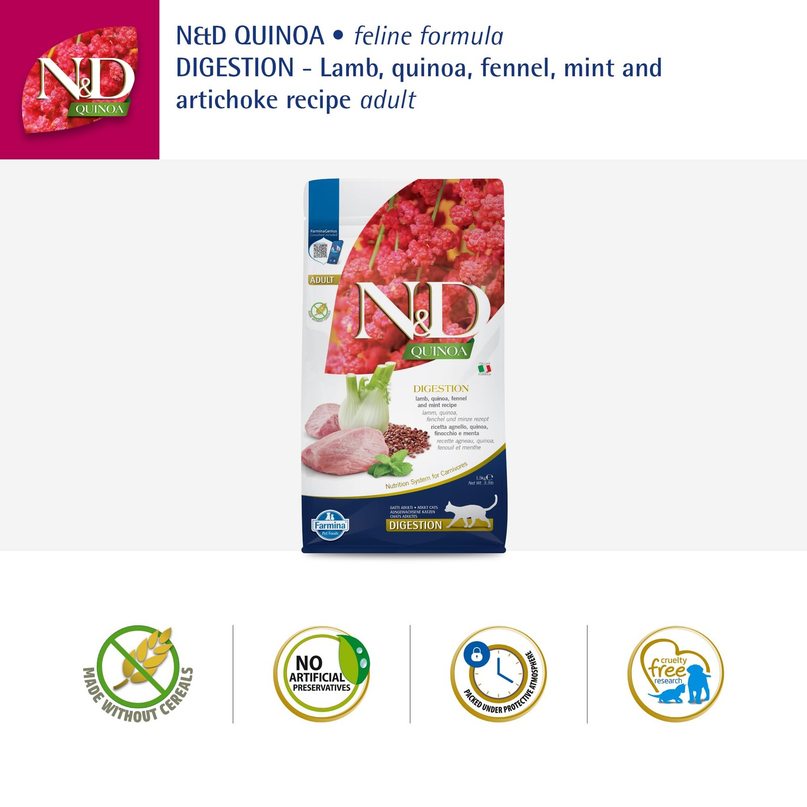 Farmina N&D, Quinoa Digestion Lamb Quinoa Fennel and Mint Recipe Dry Cat Food, 3