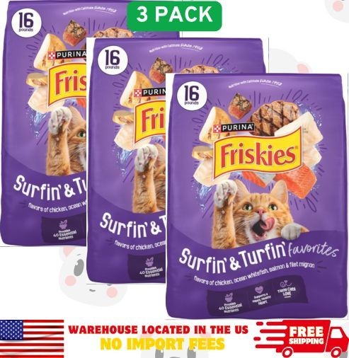 Friskies Surfin’ & Turfin’ Muscle & Immune Support Crunchy Dry Cat Food, 3×16-lb