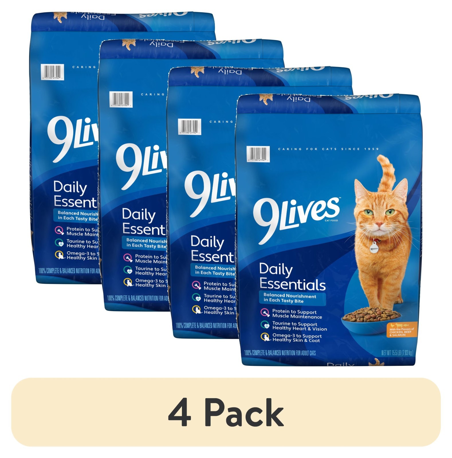 (4 pack) 9Lives Daily Essentials Dry Cat Food for Adult Cats with Chicken, Beef