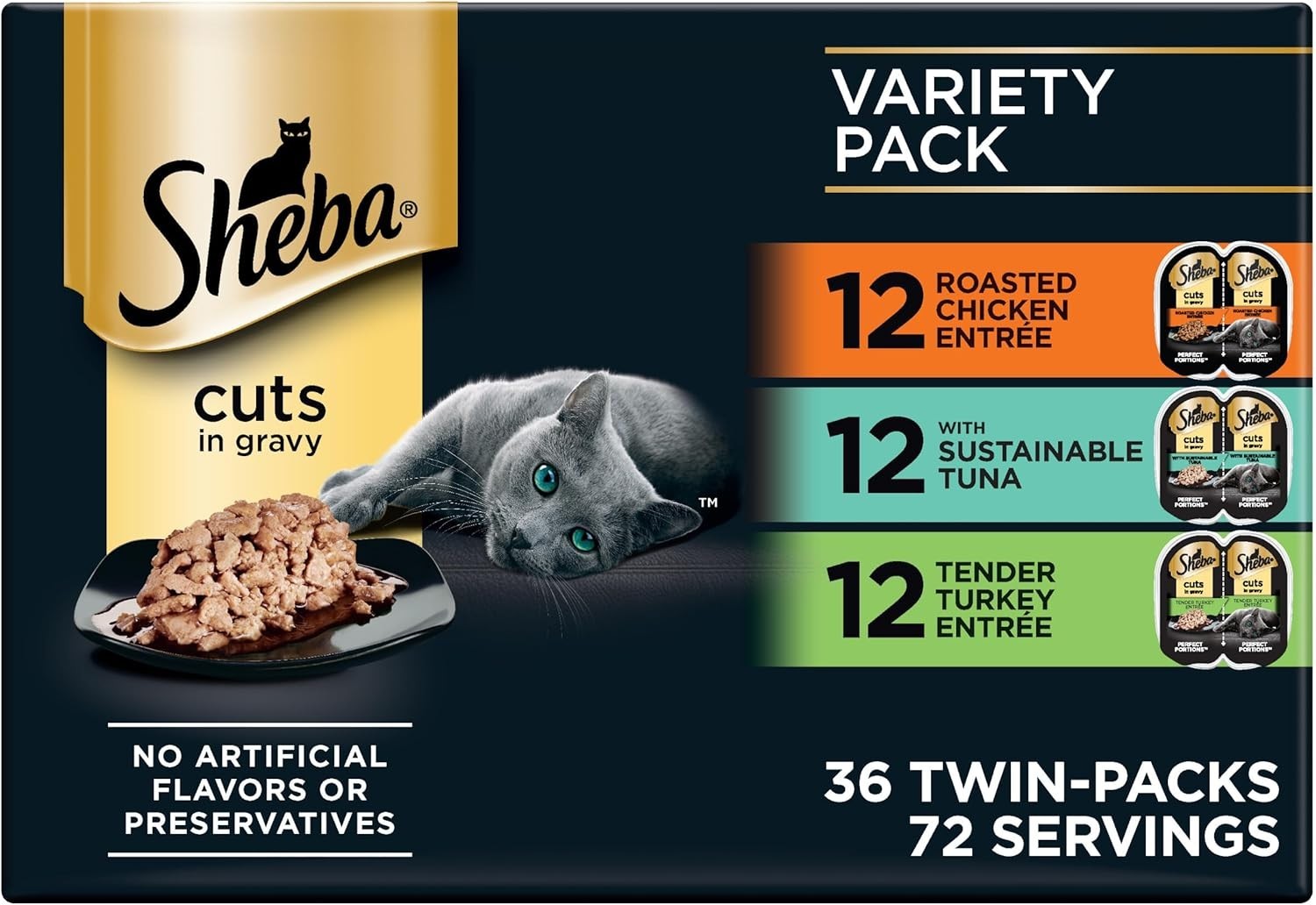 Sheba Wet Cat Food Perfect Portions Cuts in Gravy Chicken Tuna Turkey 72 Serving