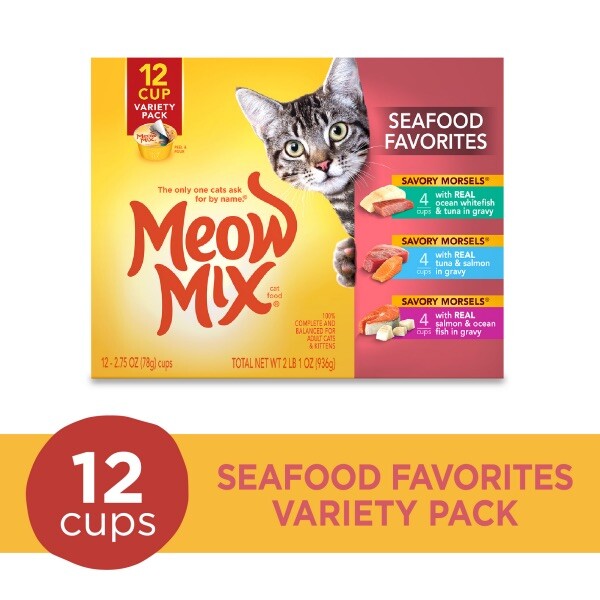 Meow Mix Seafood Favorites Wet Cat Food Variety Pack 2.75 Ounce Cup Pack of 12
