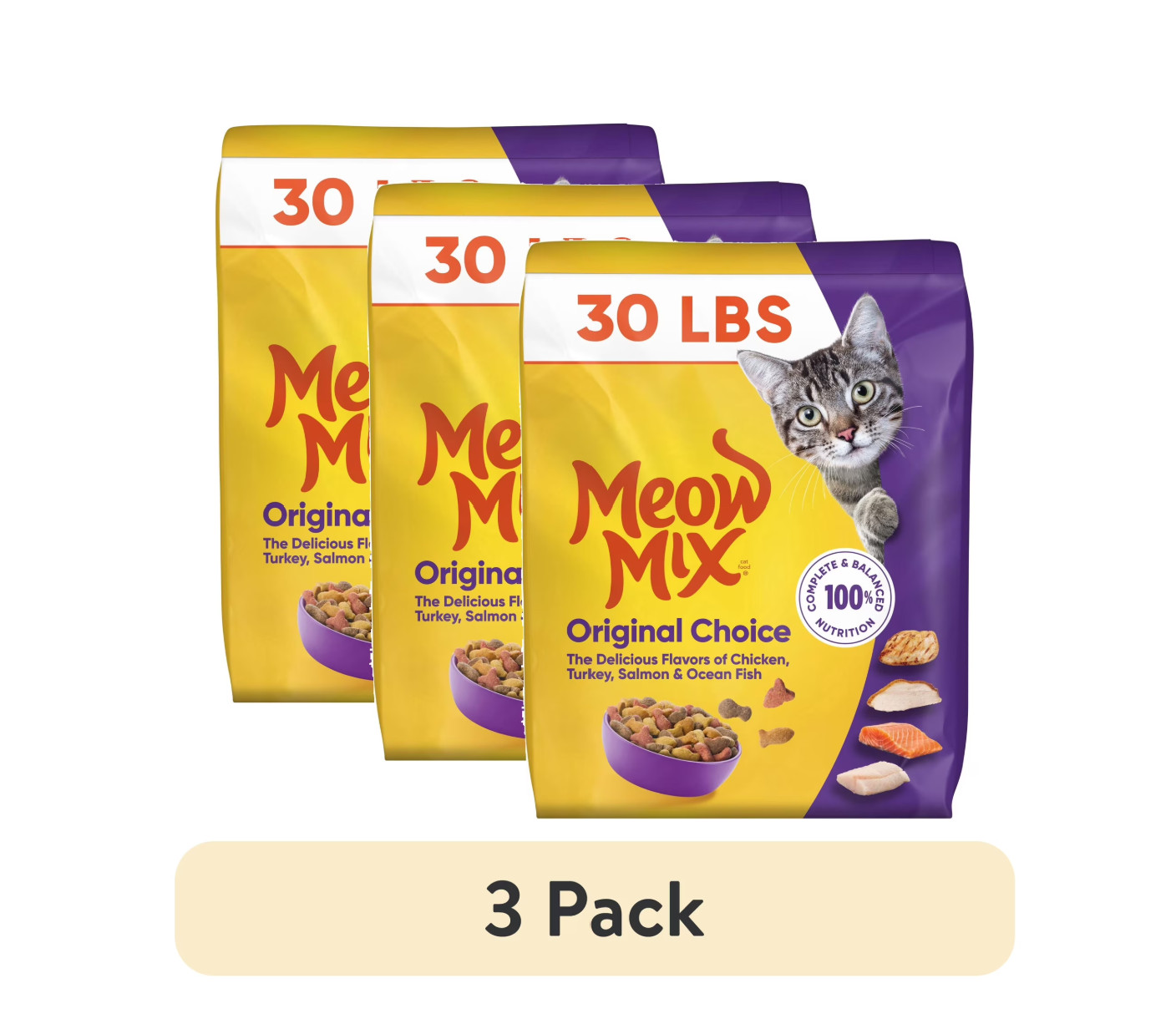 (3 pack) Meow Mix Original Choice Dry Cat Food, 30 lb. Bag