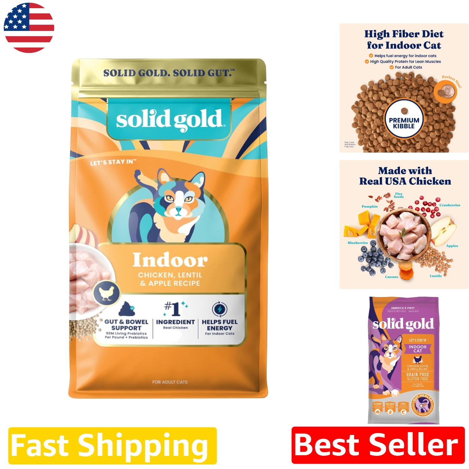 Indoor Cat Food Dry – Chicken & Lentil – Probiotics & High Fiber – 12LB