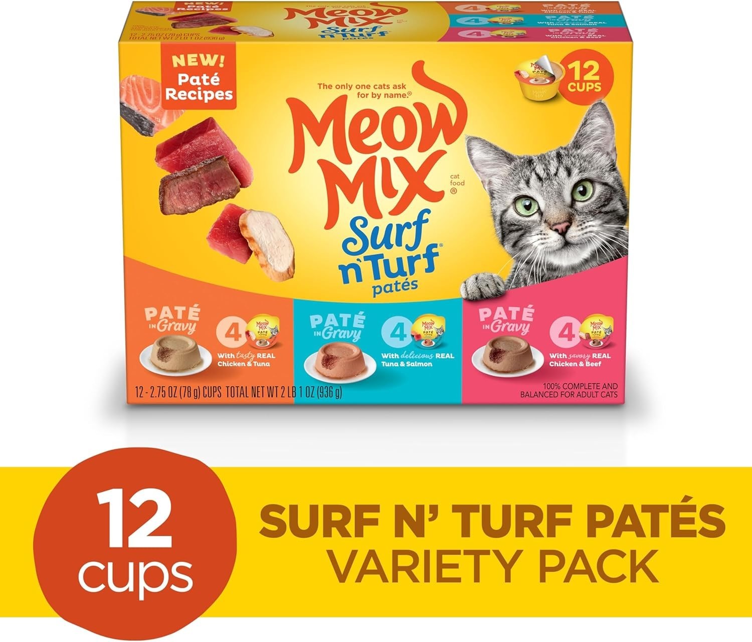 Wet Cat Food Pack Surf n’ Turf Patés 2.75 oz Variety 12 Cups All Life Stages