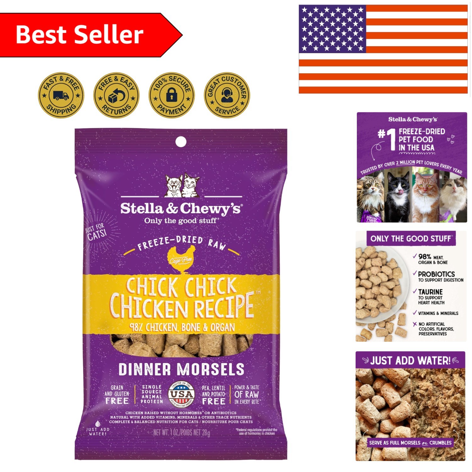 Freeze-Dried Chicken Morsels for Cats – 98% Cage-Free Nutrition, 1 oz