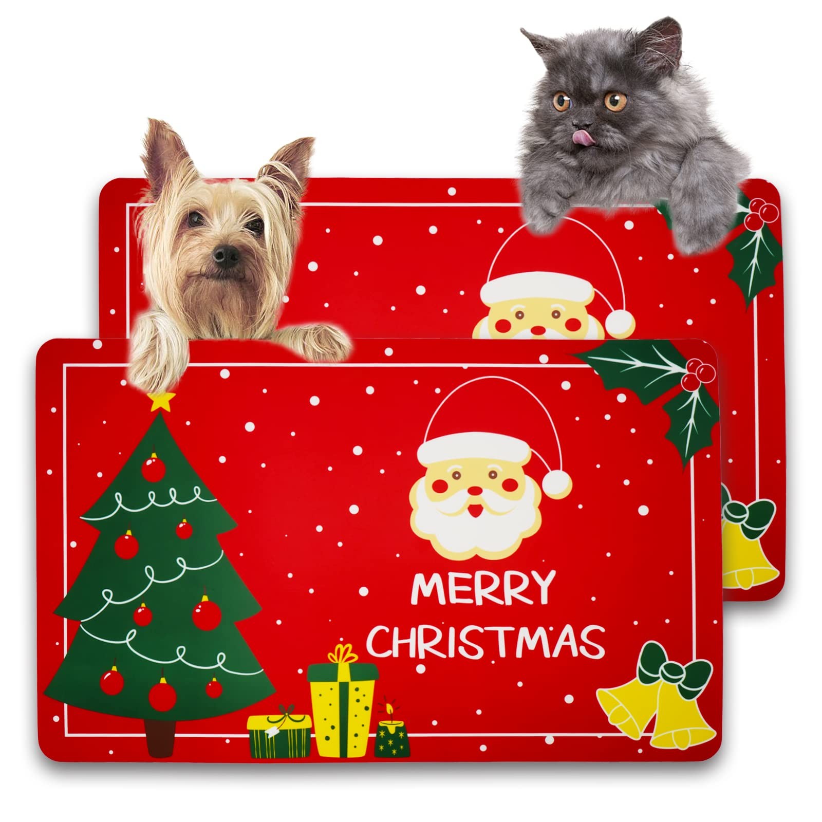 VANNON 2Pack Christmas Dog Cat Food Mat for Floors, Pet Feeding 2 pack red