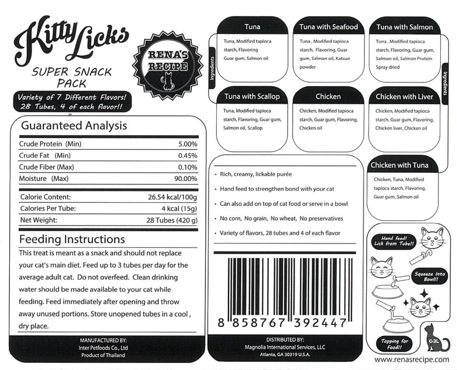 Rena’s Recipe Kitty Licks Lickable Cat Treats Variety Pack, 28 Tubes