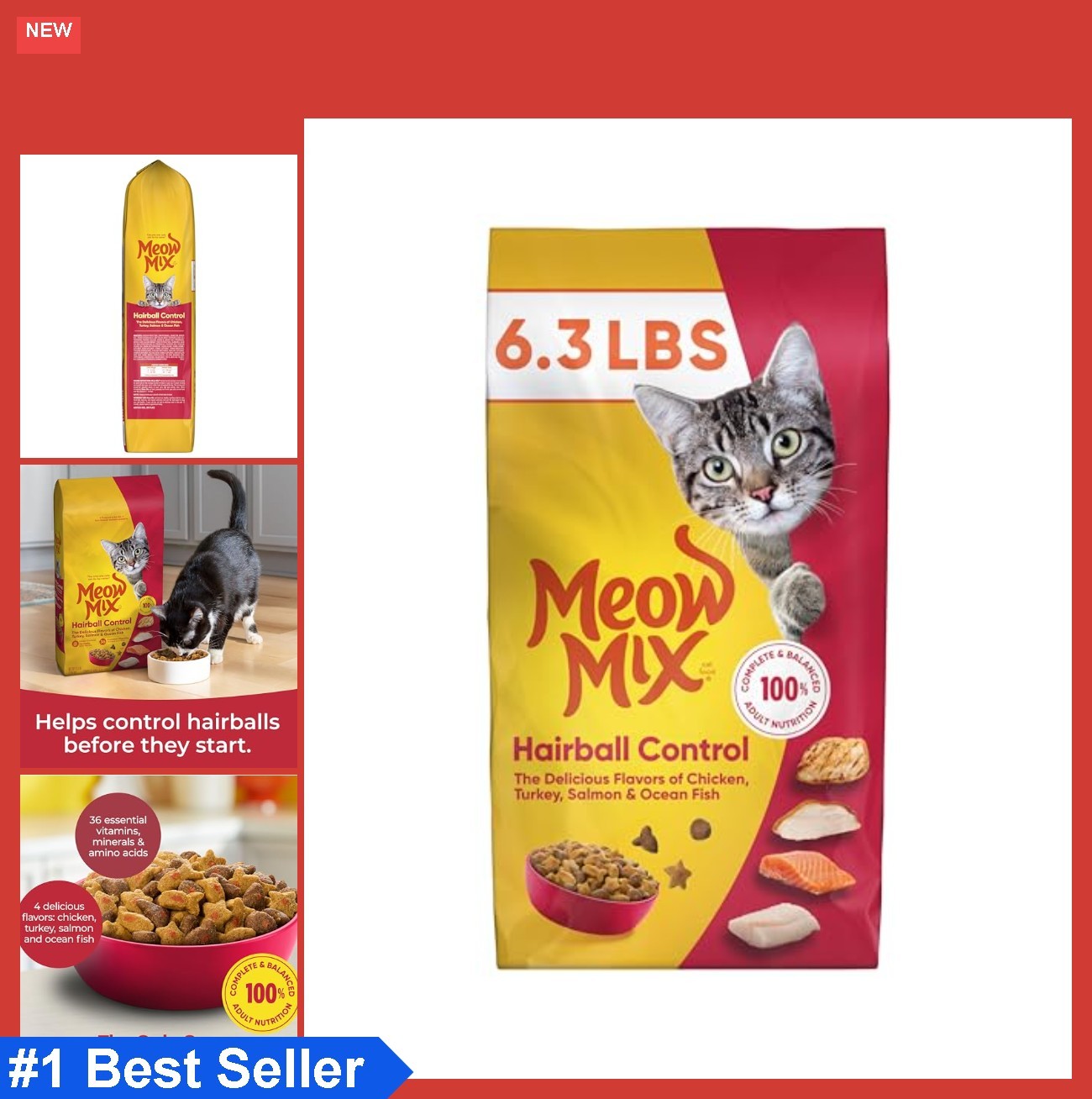 Dry Cat Food Hairball Control 6.3 Pound Chicken Turkey Salmon Ocean Fish Adult