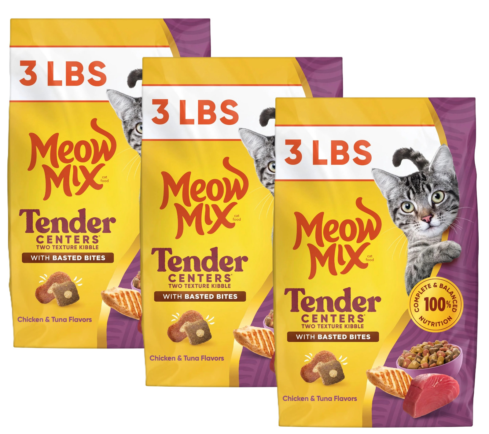 Meow Mix Tender Centers Chicken & Tuna Dry Cat Food, 3 lb Bag – 3 pack