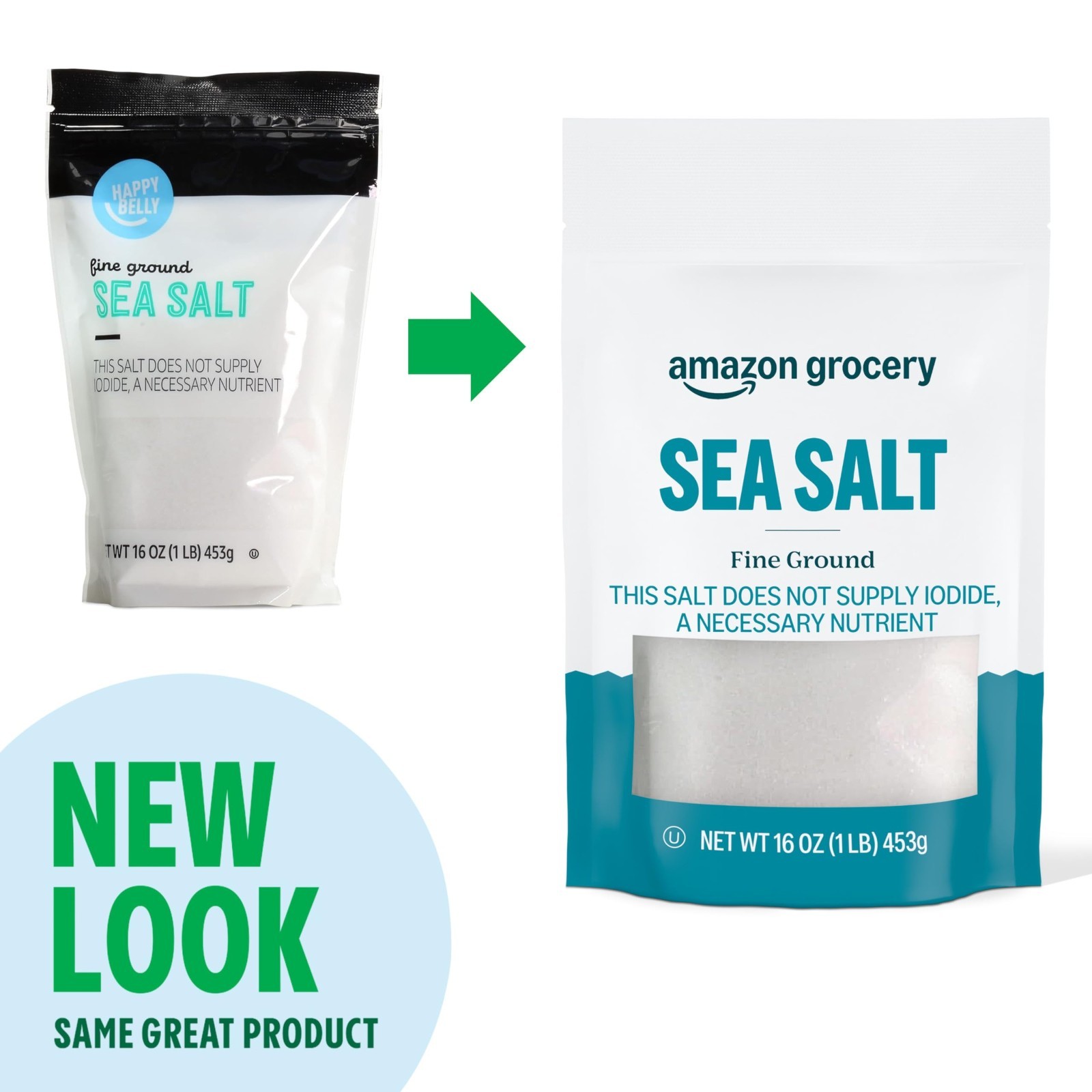 Amazon Grocery, Sea Salt, Fine Ground, 16 Oz (Previously Happy Belly, Packaging