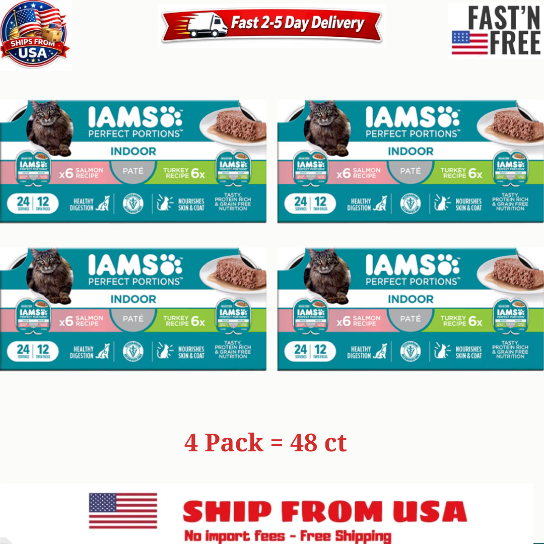 4 Pack IAMS Perfect Portions Indoor Salmon Turkey Wet Cat Food 2.6 oz 12 Count