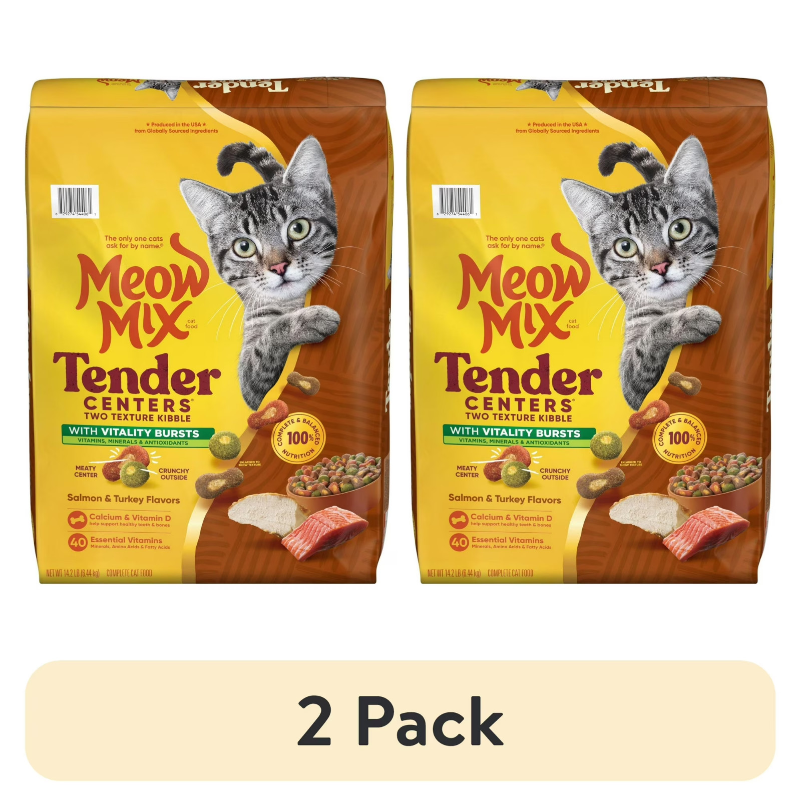 2 Packs Meow Mix Tender Centers Vitality Bursts, Dry Cat Food, 14.2 lb. Bag