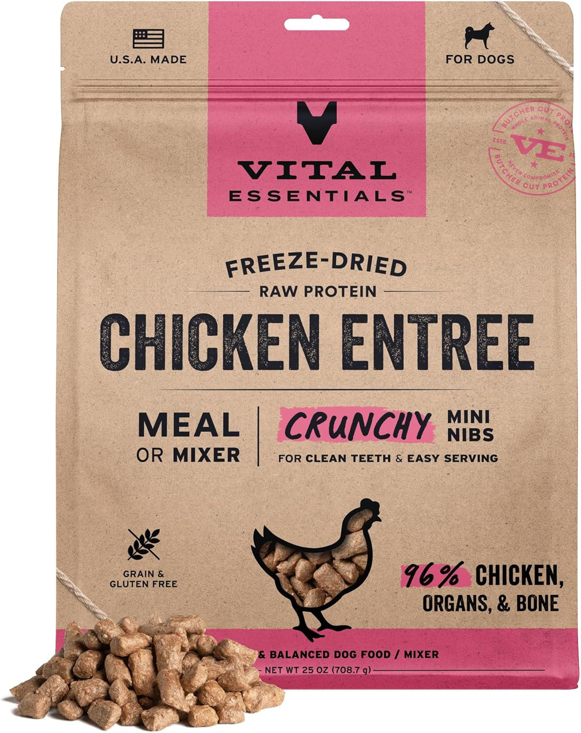 Freeze Dried Dog Food, Raw Chicken Crunchy Mini Nibs | Complete Meal or Topper |