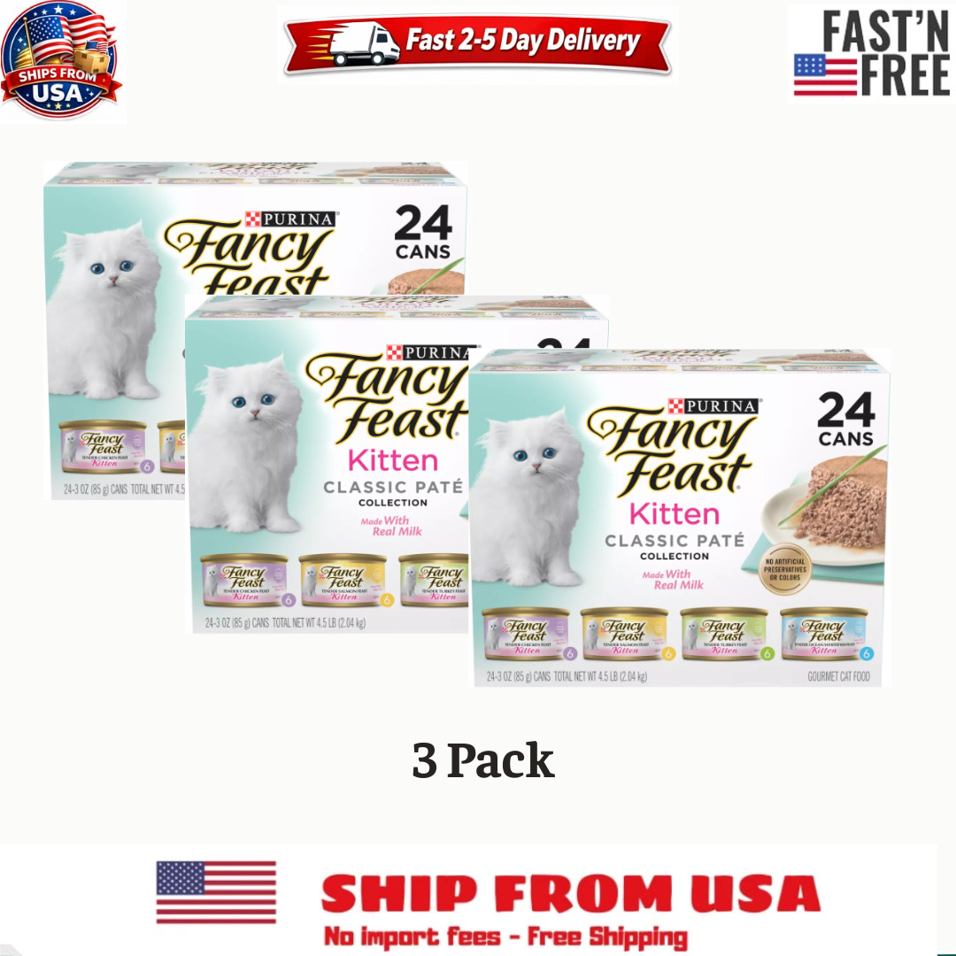 3 Pack Fancy Feast Kitten Grain Free Pate Wet Cat Food 3 oz 24 Ct Variety Pack
