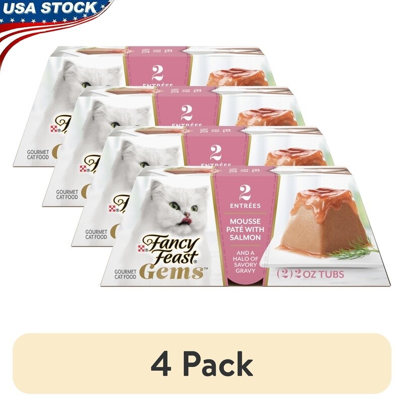 4 Pack Wet Cat Food Mousse Salmon Gravy Pate All Breeds Easy Serve 2oz Tubs New