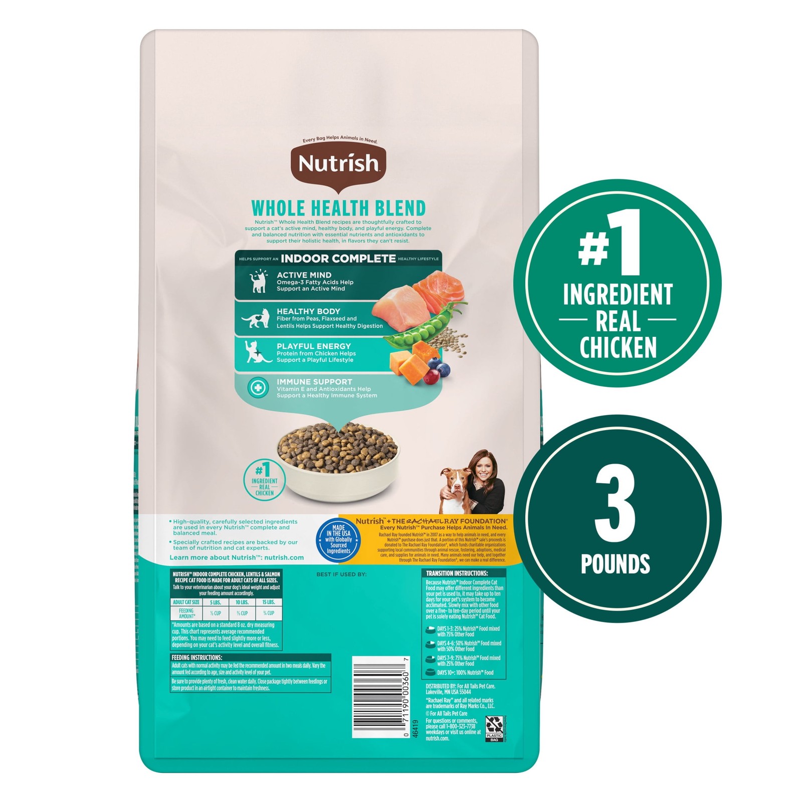 Nutrish Indoor Complete Chicken, Lentils & Salmon Recipe Dry Cat Food, 3 lb. Bag