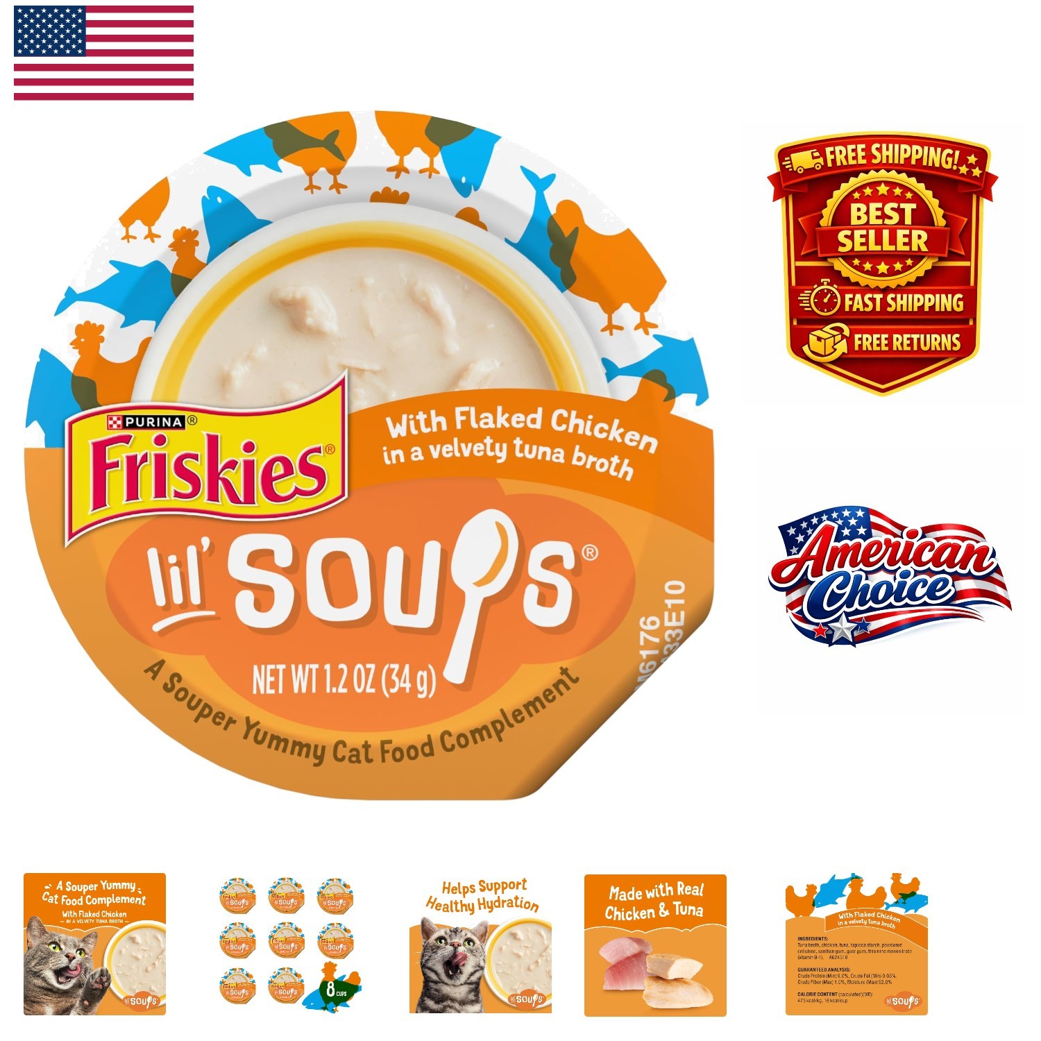 Purina Lil’ Soups Grain-Free Cat Treats: Flaked Chicken in Tuna Broth, 8 Tub …